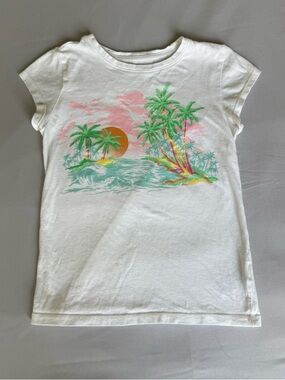 GAP White Tee with Pink Sunset & Green Palm Graphic